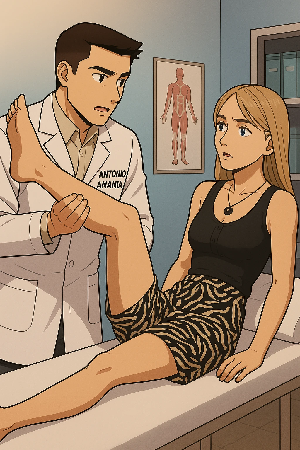fai un webtoon/manga a colori con questo kinesiologo in camice bianco (fagli la scritta "ANTONIO ANANIA" SUL CAMICE) CHE SVOLGE UN TEST NEUROMUSCOLARE SOLLEVANDO UNA GAMBA ALLA RAGAZZA CHE è STESA SU UN LETTINO BIANCO. DURANTE IL TEST I DUE DIALOGANO TRA LORO. NON FARE I FUMETTI, FAI SOLO LORO COME SE DIALOGASSERO emoji