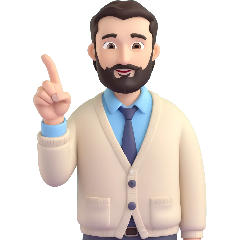3D cartoon business guide male, dark hair, full beard, thick eyebrows, cheerful confident, dressed in light cream cardigan and pale blue collared shirt, one hand on whiteboard, other hand pointing sideways, professional friendly, neutral indoor setting emoji