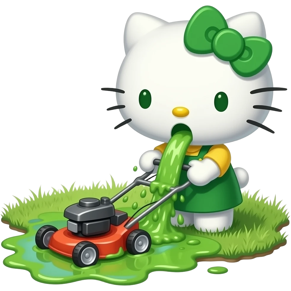 A green-and-white Hello Kitty is mowing the lawn with a lawnmower, and she’s throwing up a lot while she does it—she’s covered the ground in vomit, and it’s pouring out of her mouth like Niagara Falls emoji