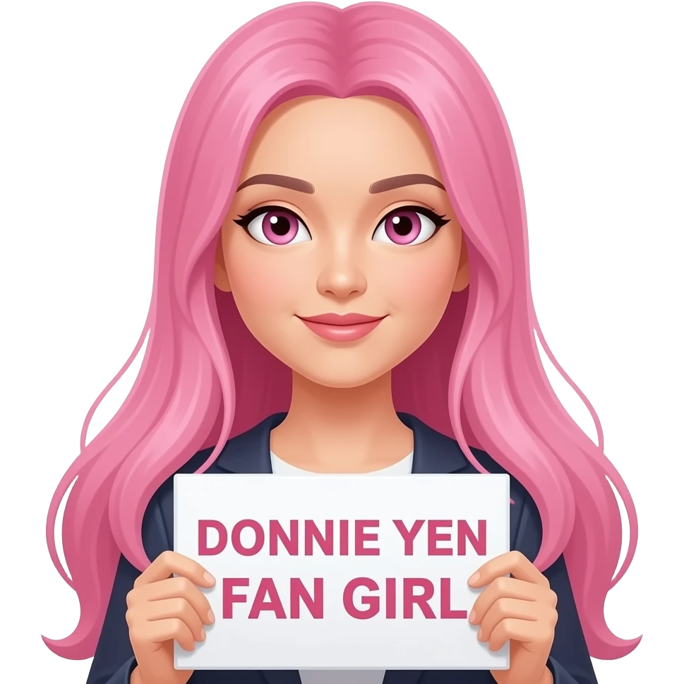 sexy girl with long pink hair and pink eyes holdingDONNIE YEN FAN GIRL sign emoji