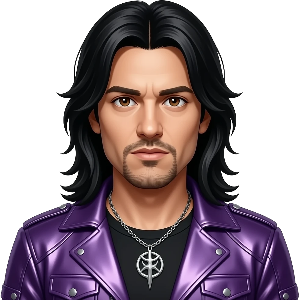 Jonathan Davis with brown eyes, long black hair, purple metallic nu-metal outfit, necklace emoji