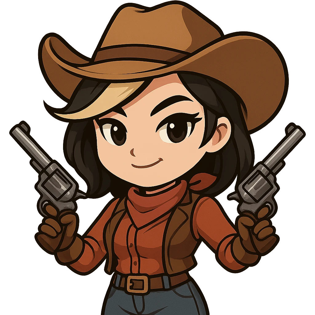Chibi cowgirl with slightly longer hair and a blonde streak, wearing a cowboy hat and western outfit, holding two revolvers, confident pose with hands on hips, smirking expression, chibi/anime style, transparent background, sized for Twitch or Discord use. emoji