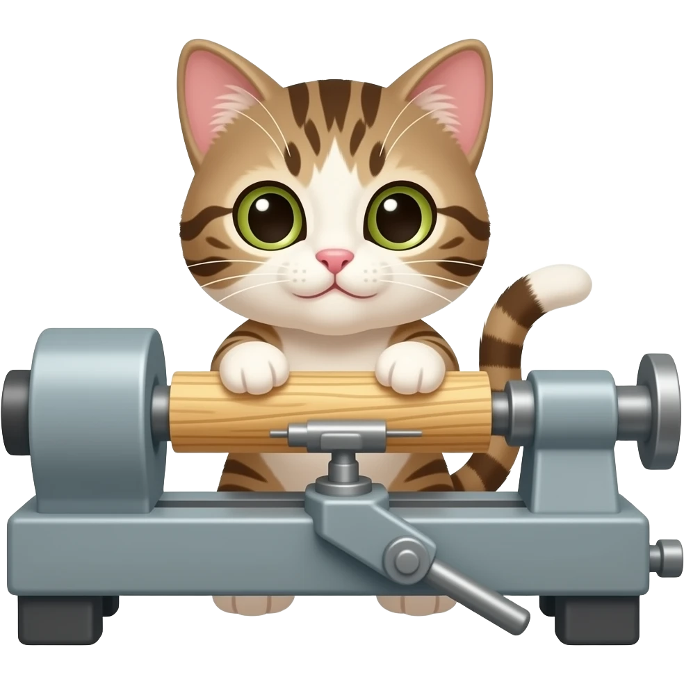 A baby cat turning wood on a lathe emoji