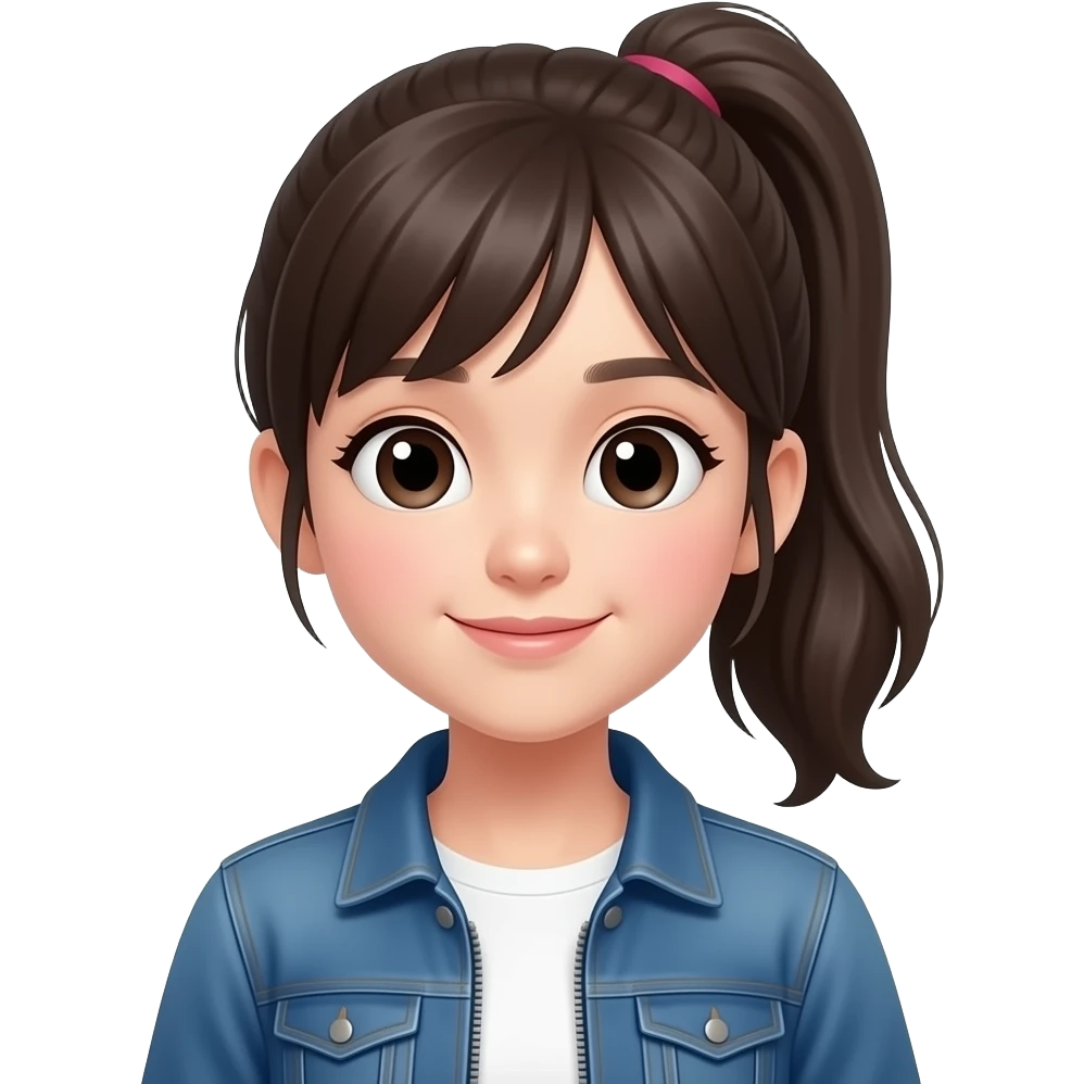An Asian girl in her late teens with a cute face, wearing a jacket and with her long hair tied back in a ponytail. An emoji showing only her upper body. emoji
