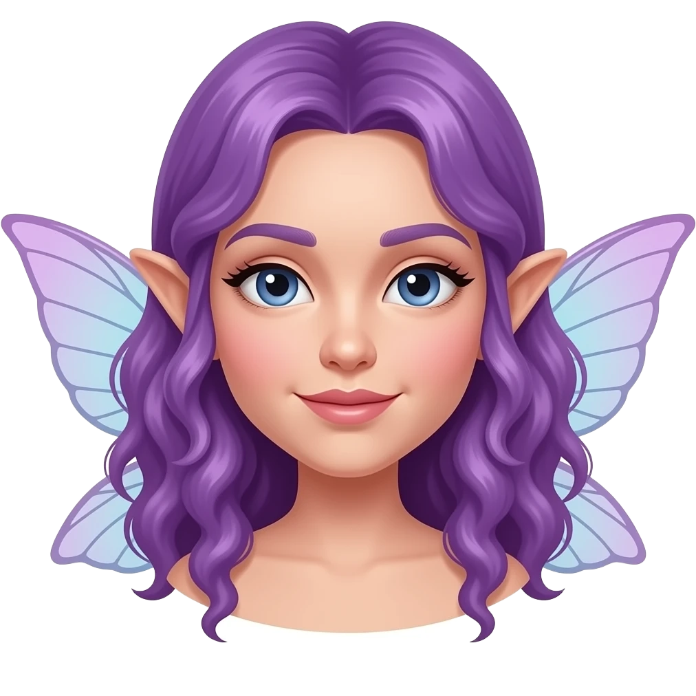 fairy face with purple very curly hair and fairy wings sticking out not realistic emoji