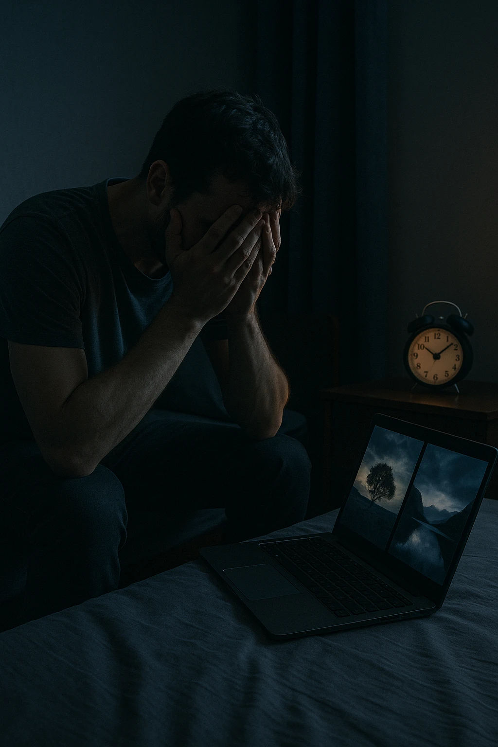 an sits on the edge of his bed, head in his hands, with a laptop open beside him displaying or suggestive images. On the nightstand, a clock shows late hours, and the man’s body language conveys exhaustion and regret. The atmosphere is somber, focusing on the emotional toll. in italiano emoji
