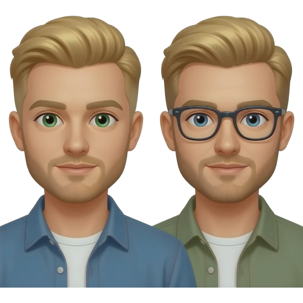 strawberry blond colored hair, short and tapered on the sides cut hair, male, green eyes, short beard, and a blonde male, short beard, glasses. Standing like a couple emoji