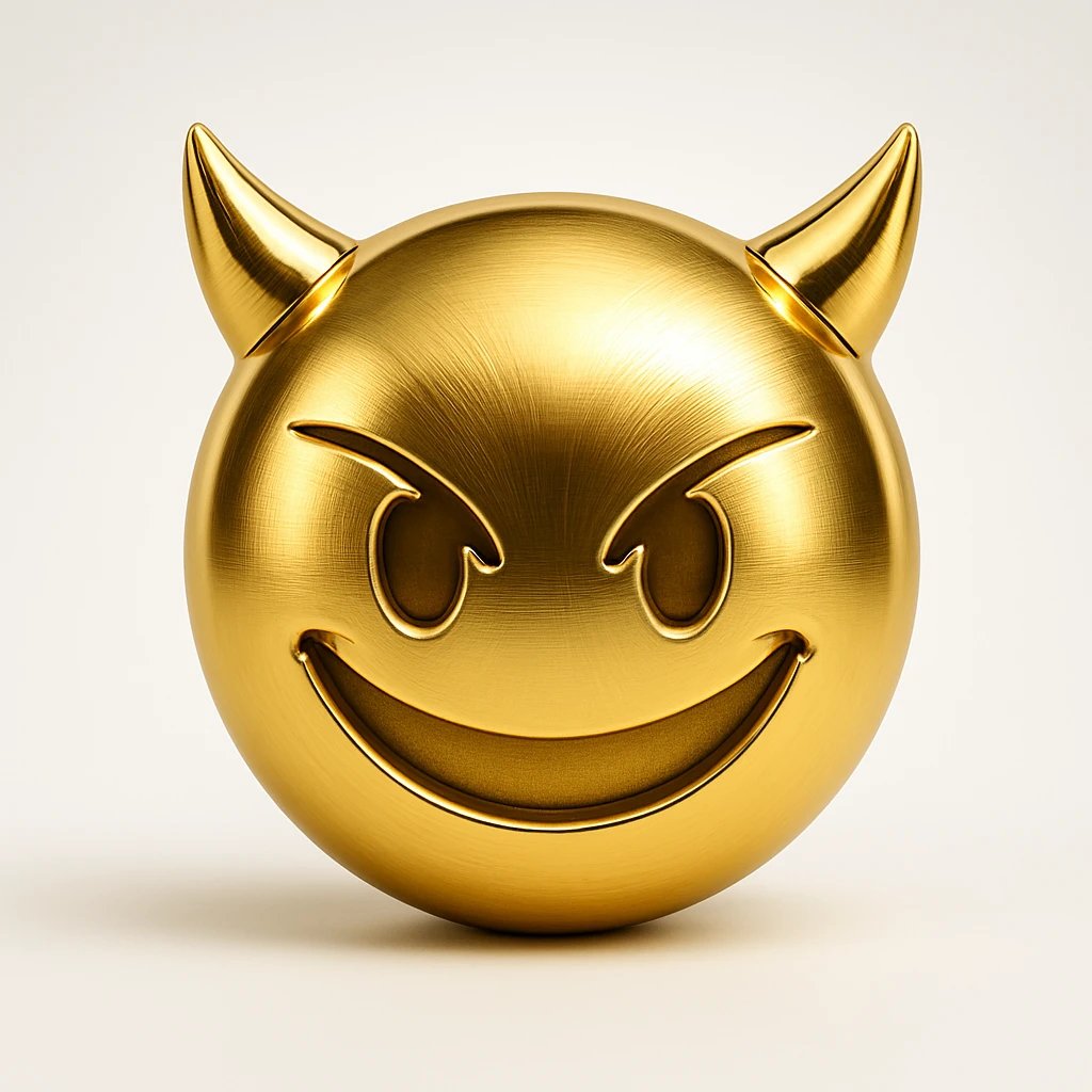 devil emoji, gold effect, shiny gold, small horns, mischievous grin, reflective highlights emoji