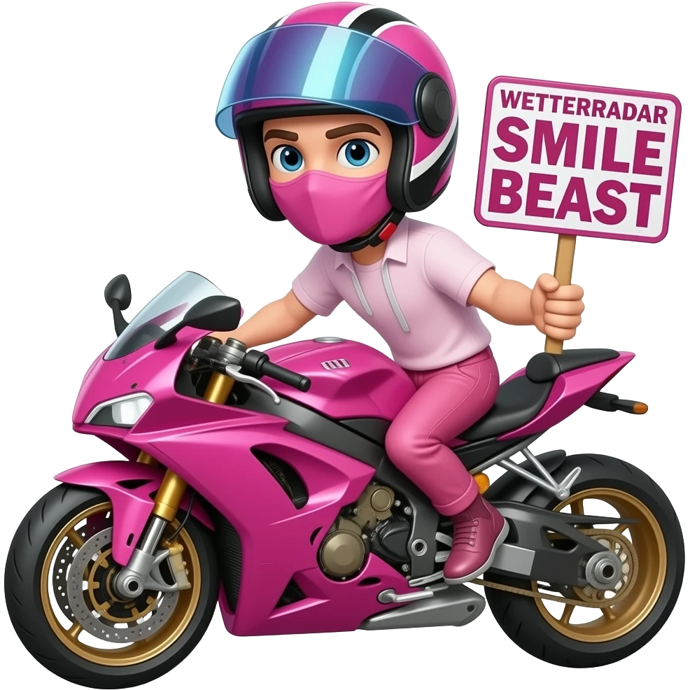 sexy boy with a motorcycle helmet in pink clothes and a pink motorcycle wearing a pink mask holding a WETTERRADAR SMILE BEAST sign emoji