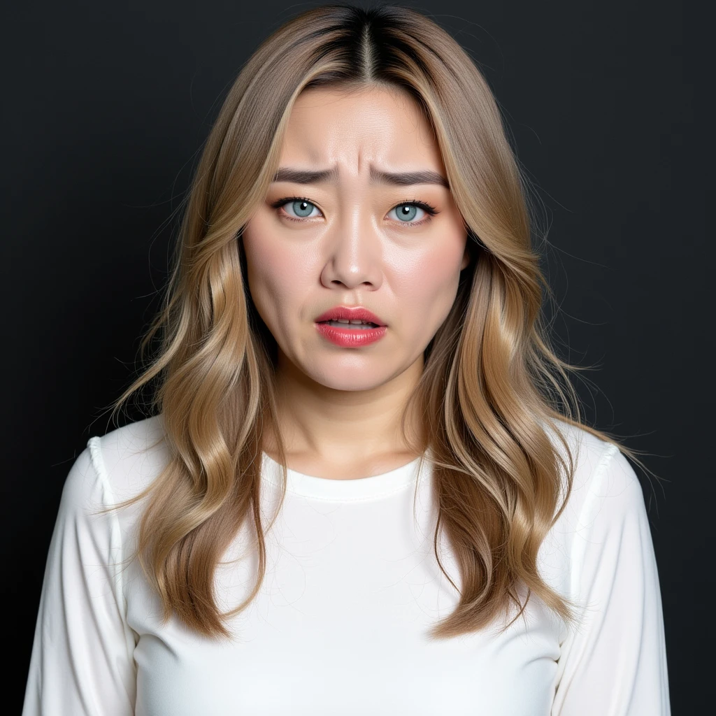 woman with long, slightly messy, lightbrown hair. in distress and pleasure. Unconscious. rolling eyes. open mouth and sluggish eyes.  blue eyes. make it very thot kim kardasian white seductive style clothing. emoji