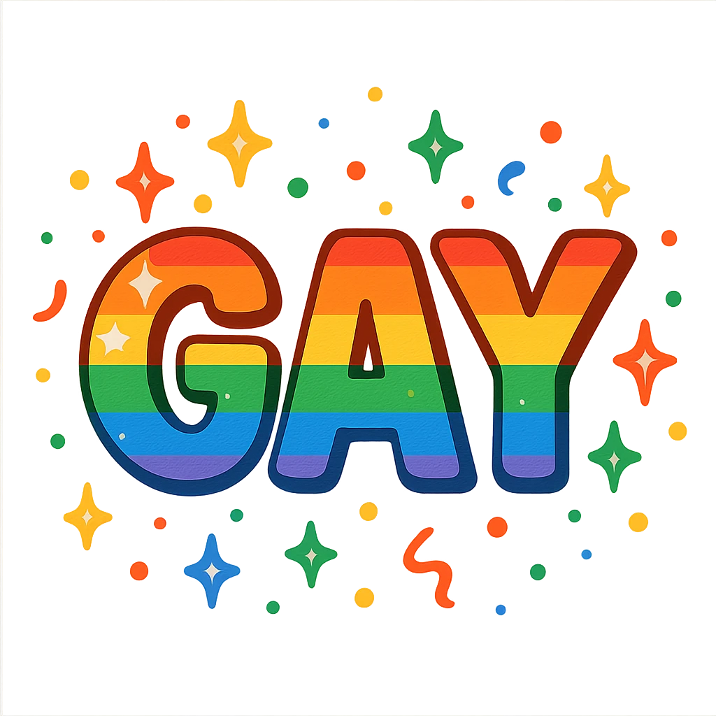 the word GAY with rainbow sparkles and confetti emoji