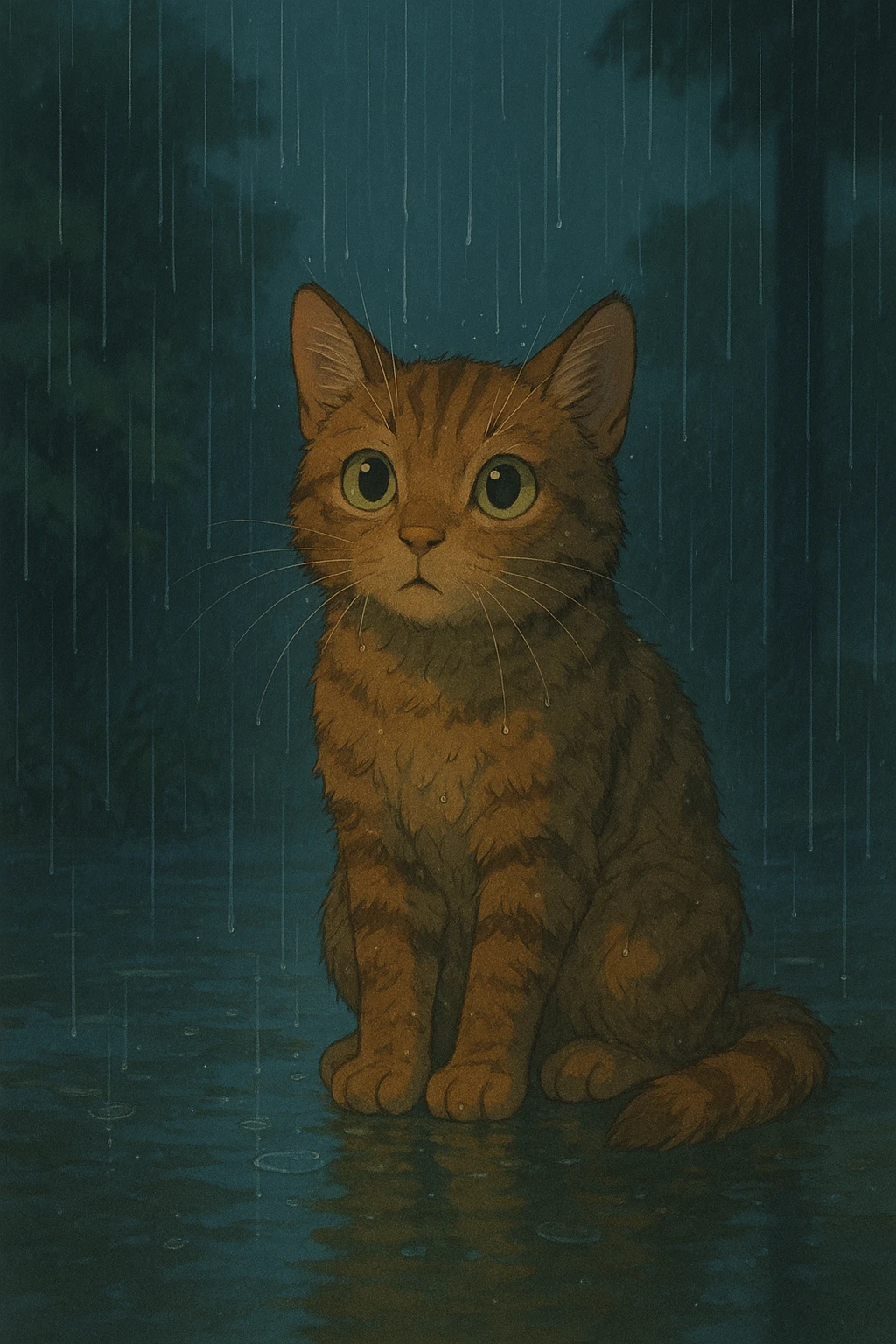 a cat in the rain, ghibli style, detailed, atmospheric, soft lighting emoji