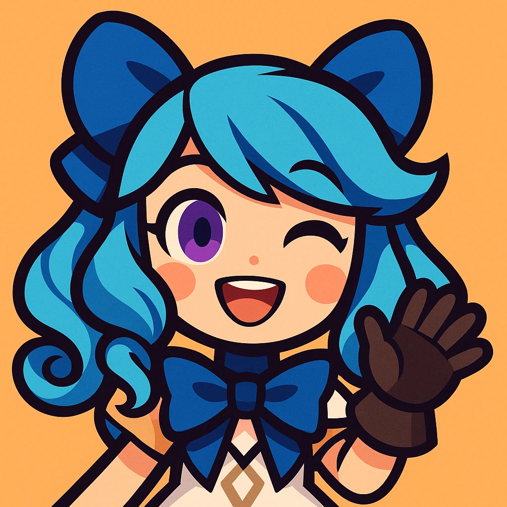 chibi style Gwen from League of Legends, only head, right eye purple, one hand waving with glove, smiling and energetic, vibrant toon style emoji