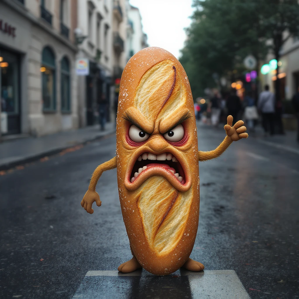 Angry baguette on the street cinematic shot emoji