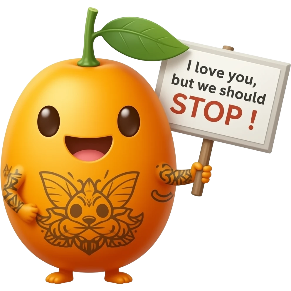 Kumquat with tattoos holding sign saying “I love you, but we should STOP !” emoji