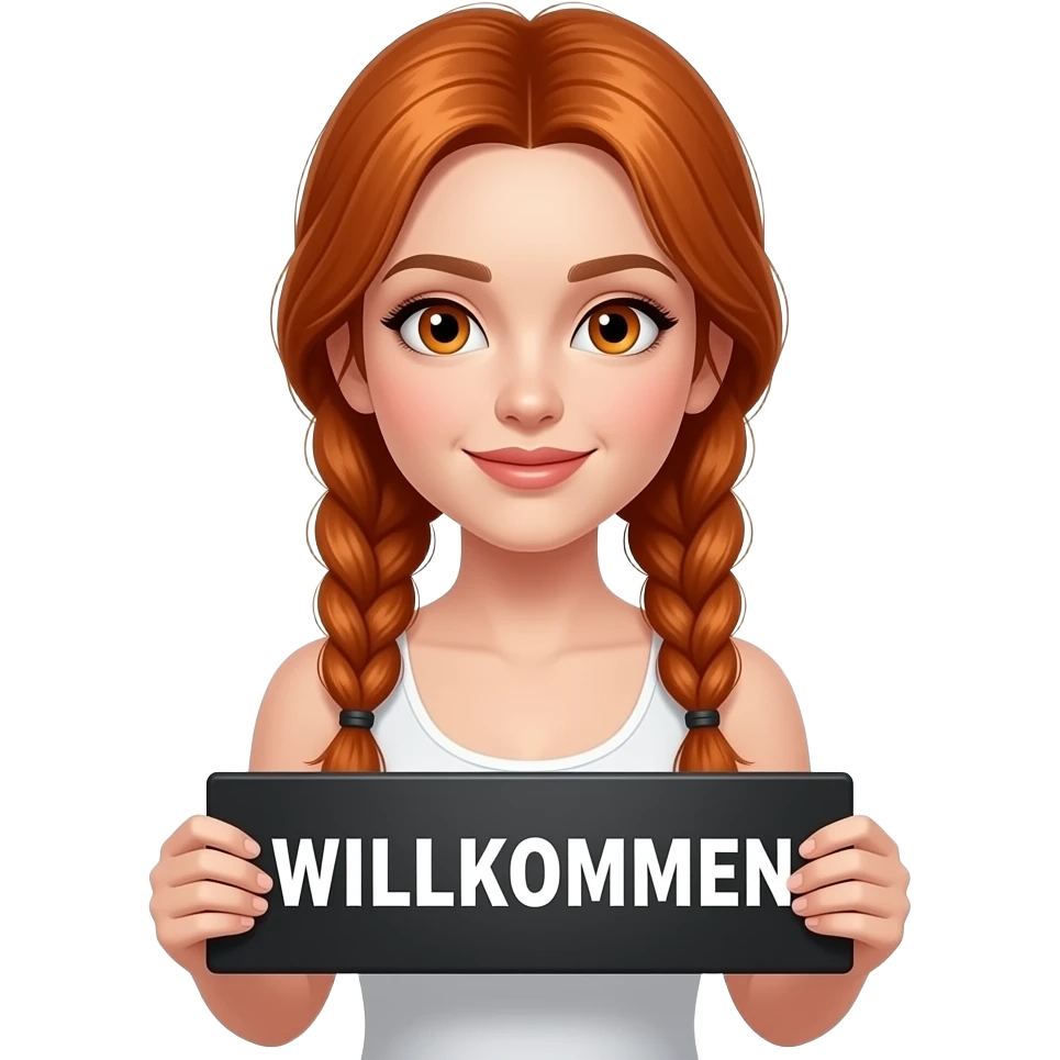 sexy girl with long ginger braids and ginger eyes wearing a white tanktop is holding a black sign with WILLKOMMEN written on it emoji