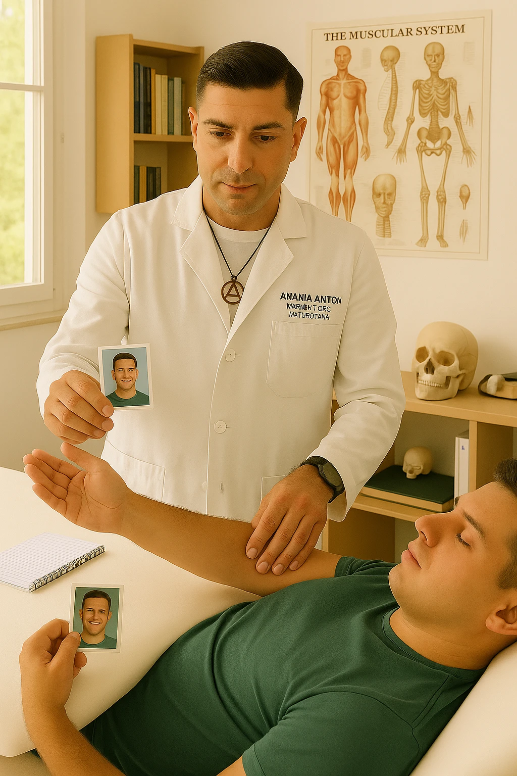 a middle-aged man, dressed in casual professional attire, is in a bright, organized therapy studio. Durante una visita di kinesiologia, il ragazzo tiene con una mano la foto di una persona lontana (il “testimone”) tiene la foto in mano, mentre con l’altra mano esegue un test muscolare su un cliente presente senza foto lui non tiene la foto. Sullo sfondo si vedono libri di kinesiologia, poster anatomici e strumenti tipici della disciplina. L’atmosfera è concentrata e serena, con luce naturale che entra dalla finestra, sottolineando l’aspetto alternativo e umano della pratica. emoji