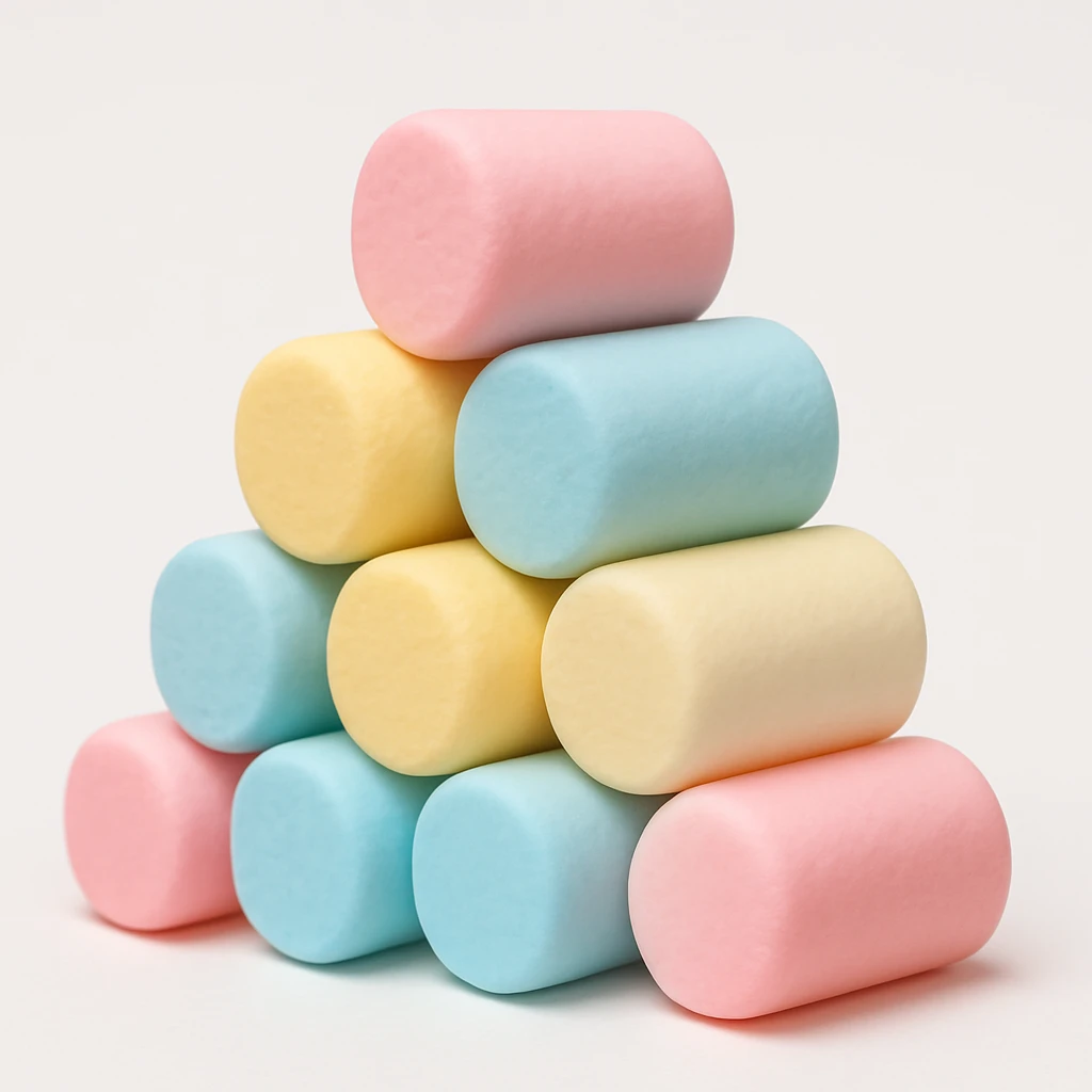 Make the colorful cylindrical marshmallows smaller, keep the style and background the same as in the reference images. emoji