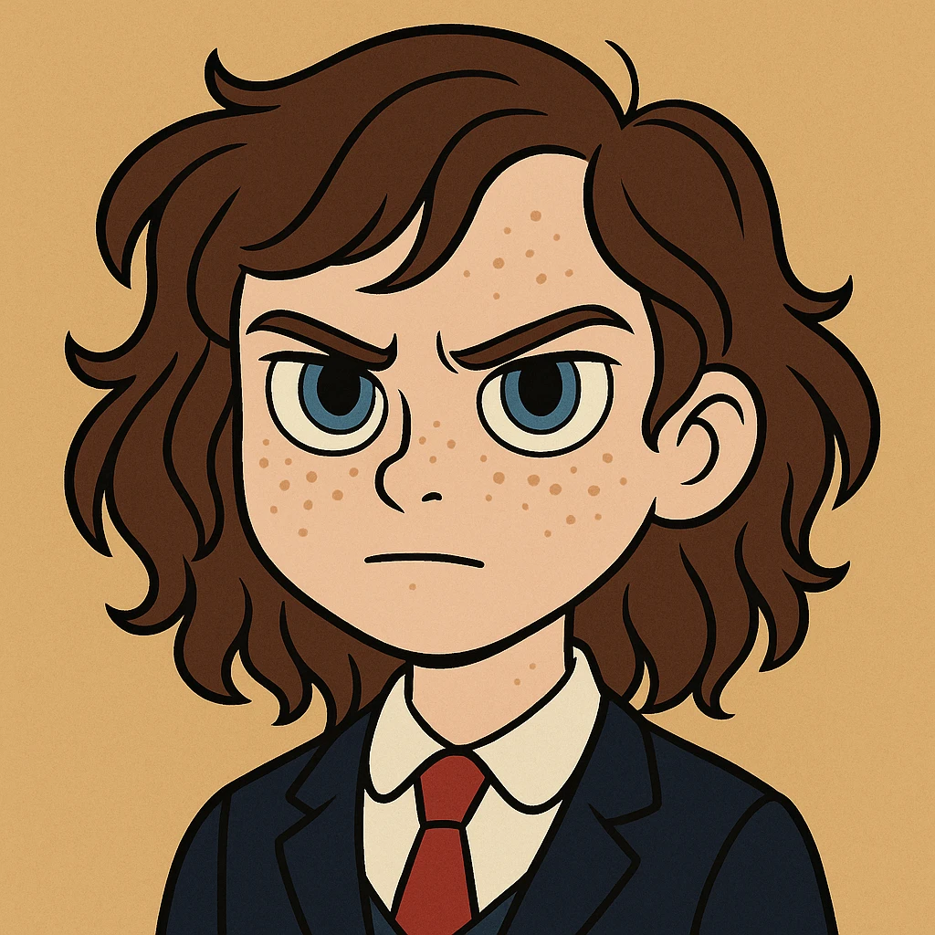 Make the girl's hair longer and curly, and put her in a school uniform. Maintain the original style and details of the image. emoji