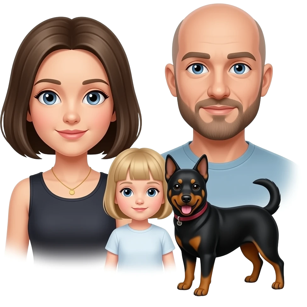 grey eyes woman with dark blond bob haircut and her boyfriend bald blue eye man with beard, her little shiatsu black dog and her 1 year daughter with man short blond hair emoji