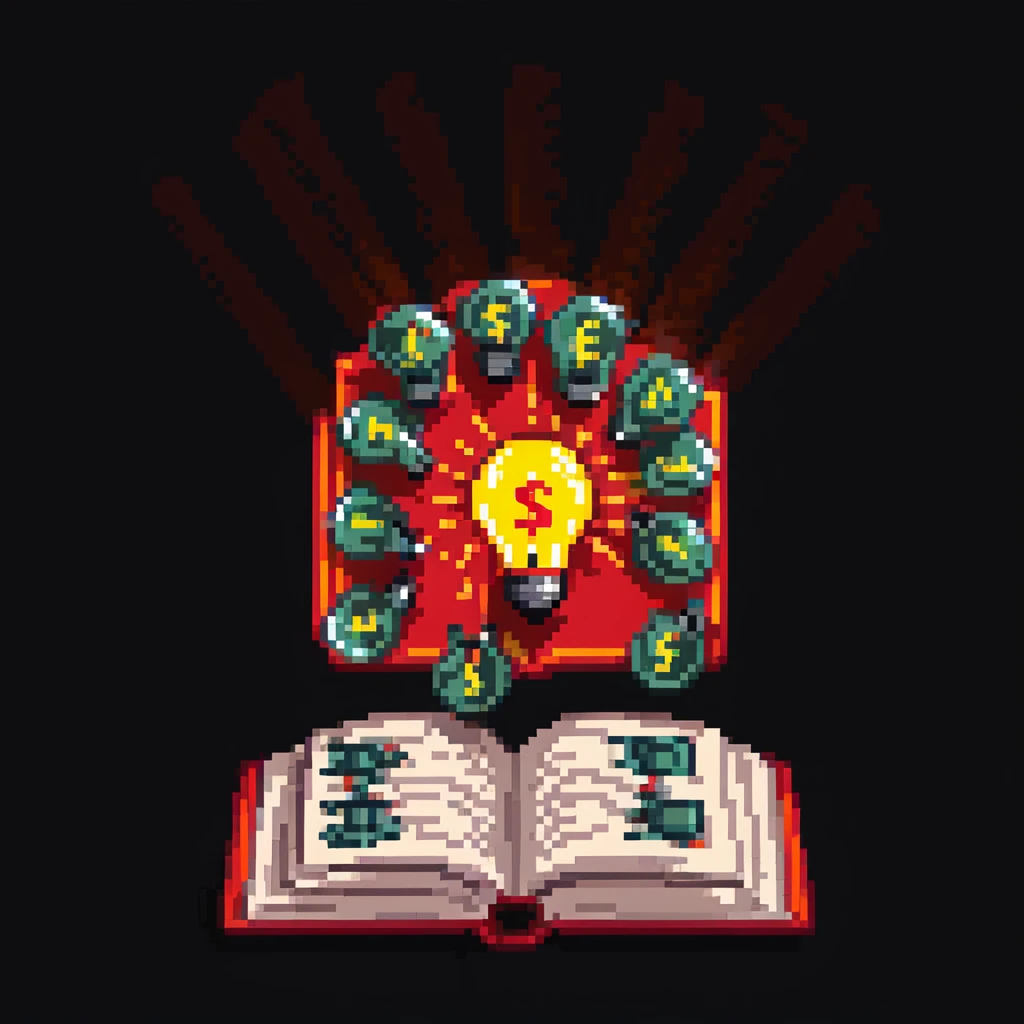pixel art style, an open red book with lightbulbs and dollar signs emerging, illuminated by a spotlight emoji
