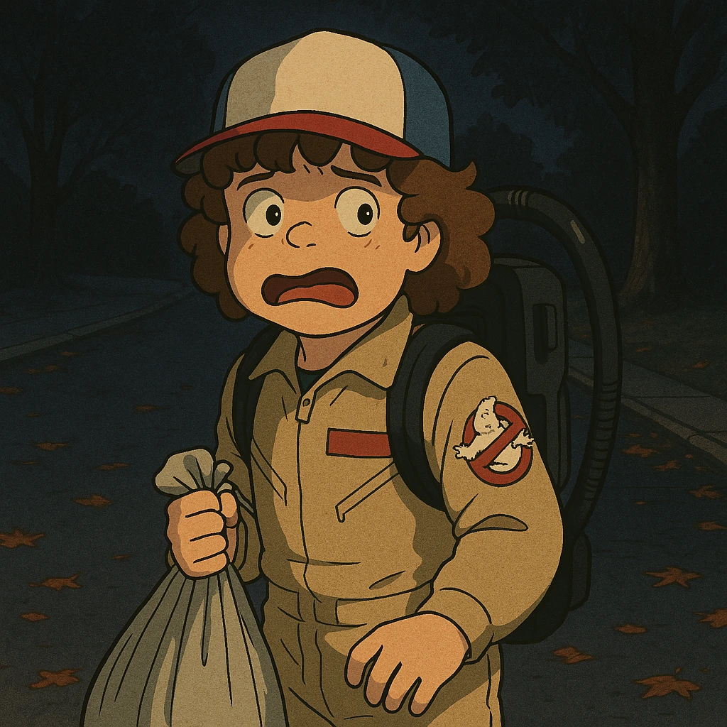 Dustin from Stranger Things dressed as a Ghostbuster for Halloween, in Ghibli style with delicate strokes, thick dark outlines, pastel color tones, and a slightly aged texture. Variation 2: scared expression, dark street with fallen leaves. emoji