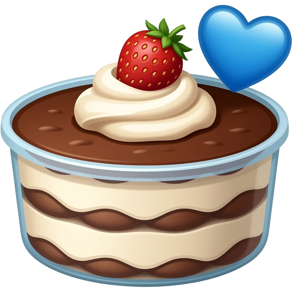 basic cocoa tiramisu with a strawberry in a large container and with 🩵 emoji