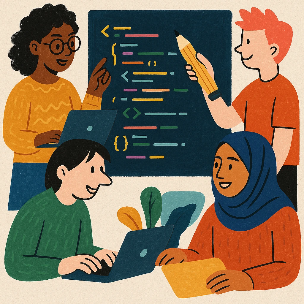 group of people collaborating on code, different art styles, teamwork, diverse characters, creative illustration emoji