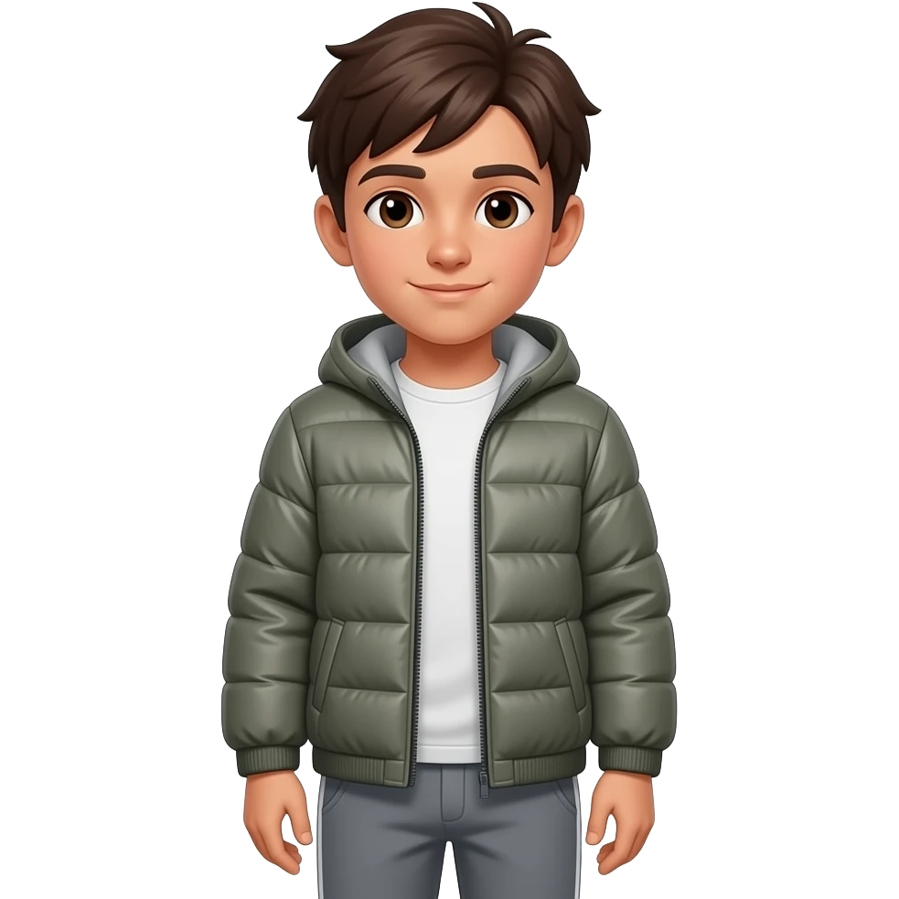 Make a Boy with light brown skin color, brown eyes and dark brown hair. He is wearing a Softshell Jacket and Sweatpants. emoji