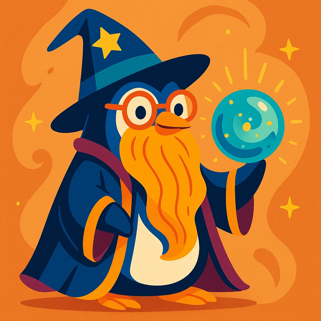 whimsical style wise penguin wizard with glasses, a long beard, and a magical orb emoji
