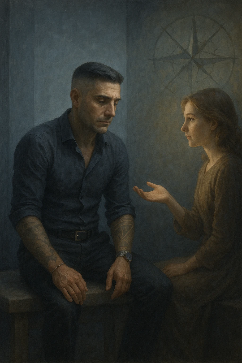 Uomo tra i 35 e i 45 anni seduto su una panchina o in una stanza tranquilla, sguardo rilassato ma spento, come sollevato nel mentale ma svuotato nello spirito. Davanti a lui una donna lo guarda con dolcezza, mano tesa come per offrire una soluzione. L’ambiente attorno all’uomo è grigio-bluastro, con la sua aura maschile che si dissolve leggermente, mentre intorno alla donna una luce calda e stabile. Sullo sfondo, un simbolo spezzato di bussola o direzione, a indicare la perdita di leadership interiore. Atmosfera riflessiva, stile realistico con simbolismi delicati emoji