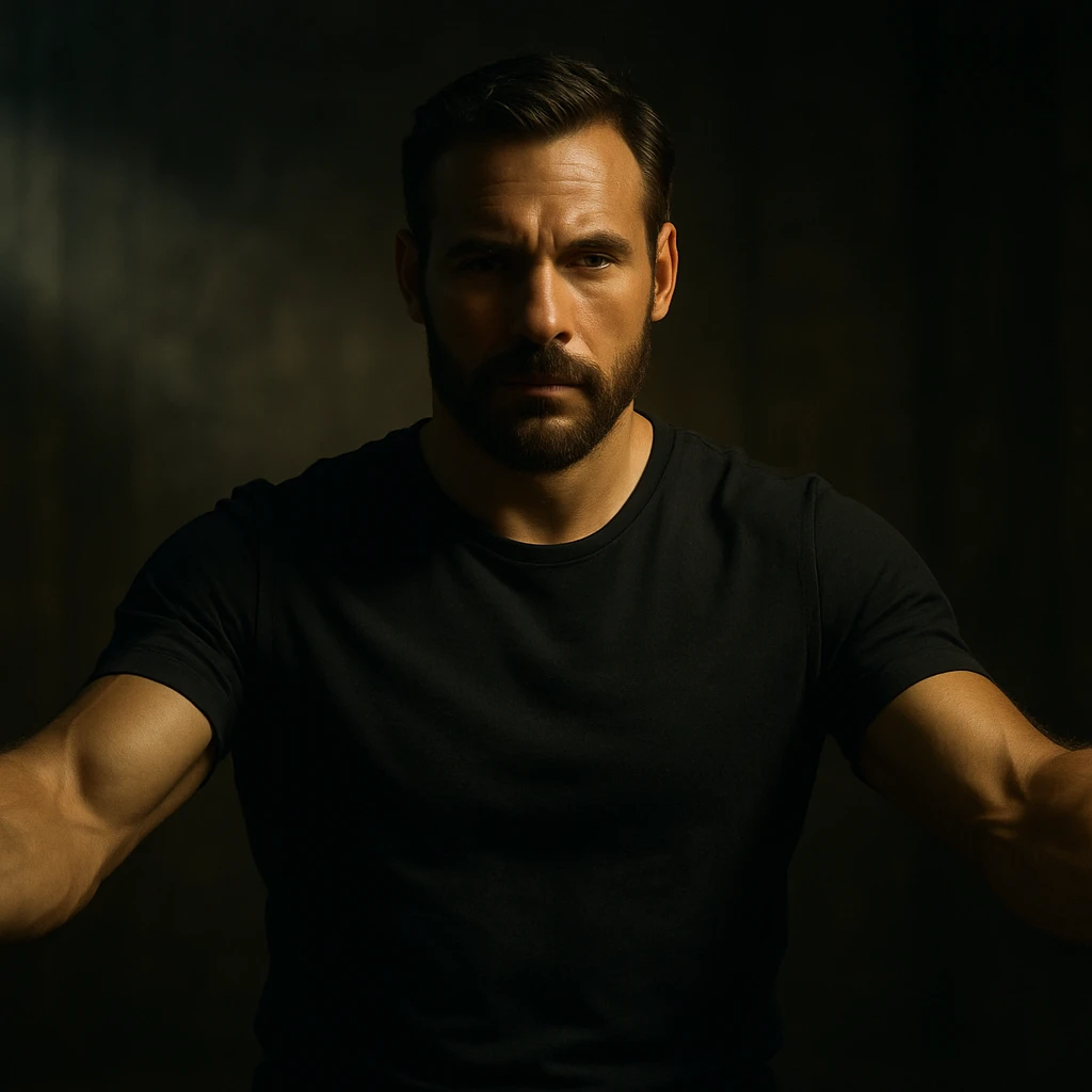hyper realistic 4K cinematic image of a man exuding masculine and protective energy, intense but serene face, dramatic shadows, open arms, cinematic atmosphere emoji