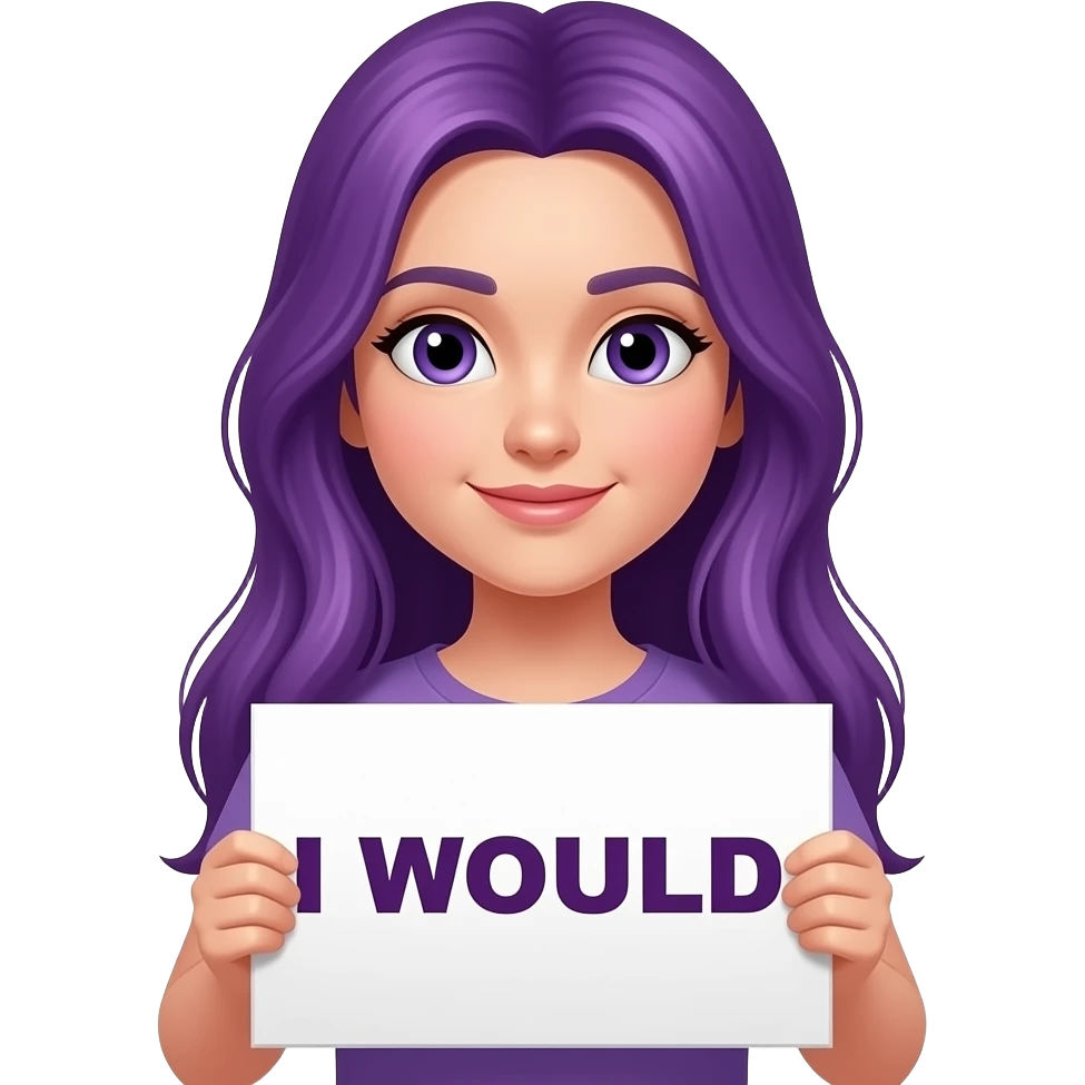 girl with long purple hair holding a I WOULD sign emoji