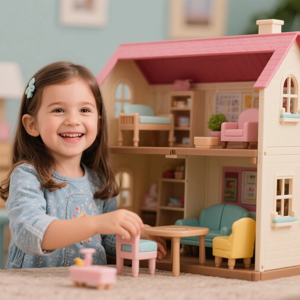 smiling girl arranging furniture in doll house emoji