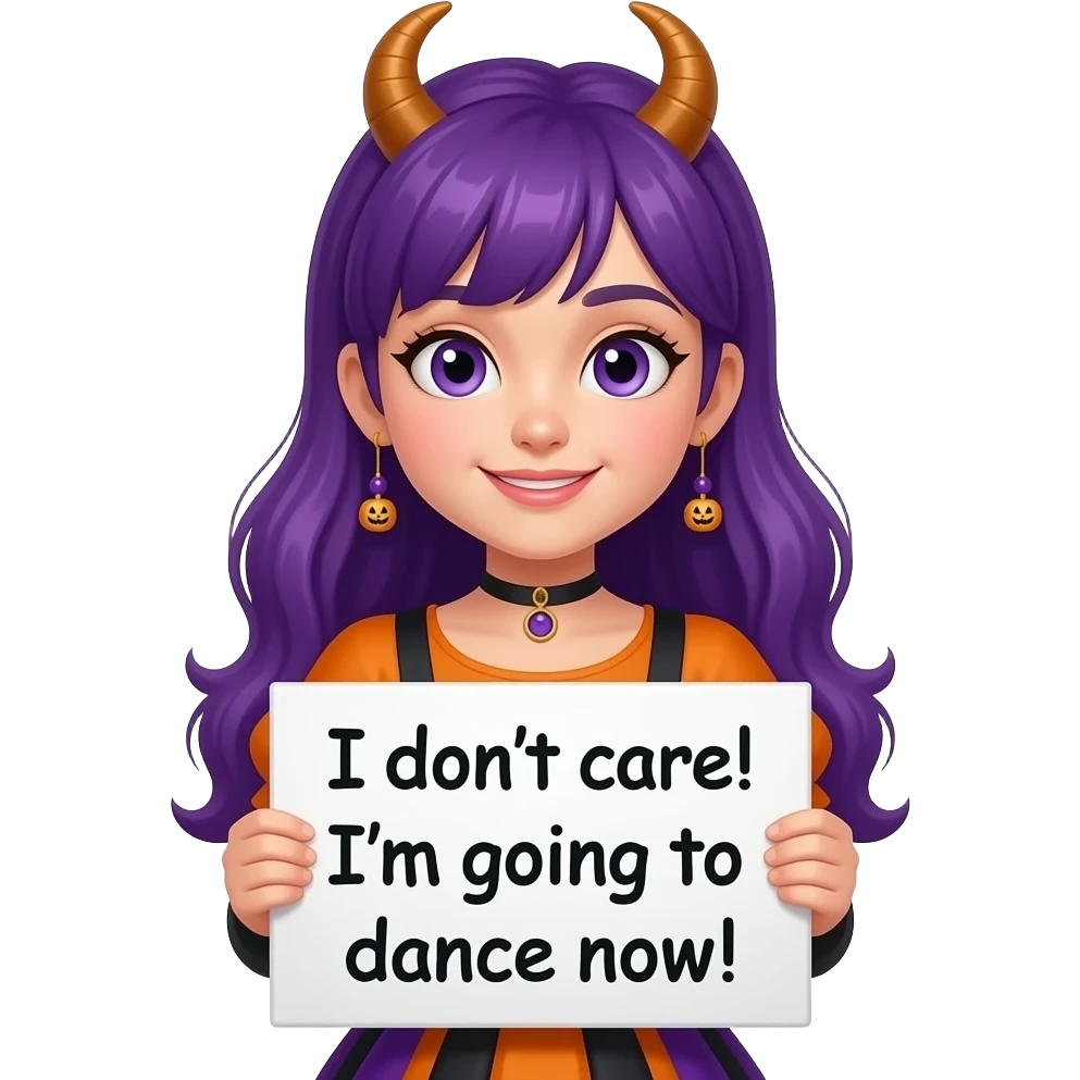 girl with long purple hair wearing a halloween costume holding a Mir DOCH EGAL! Ich gehe jetzt TANZEN! sign emoji