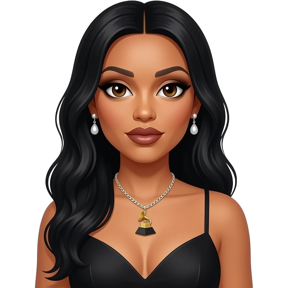 Lil Kim with dark brown eyes, long black hair, black eyeshadow and lipstick, black grammy dress, necklace and earrings emoji