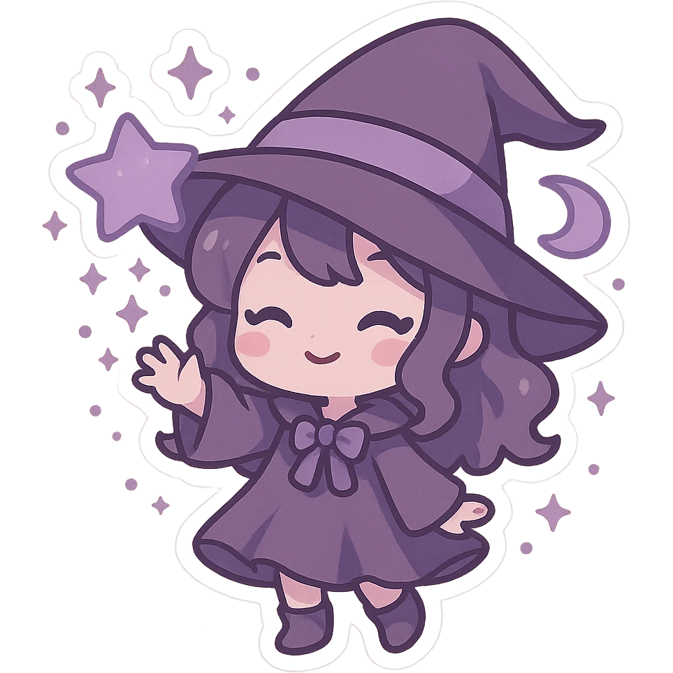 Purple Chibi stickers, cute witch hat, playful and magical, Chibi style emoji