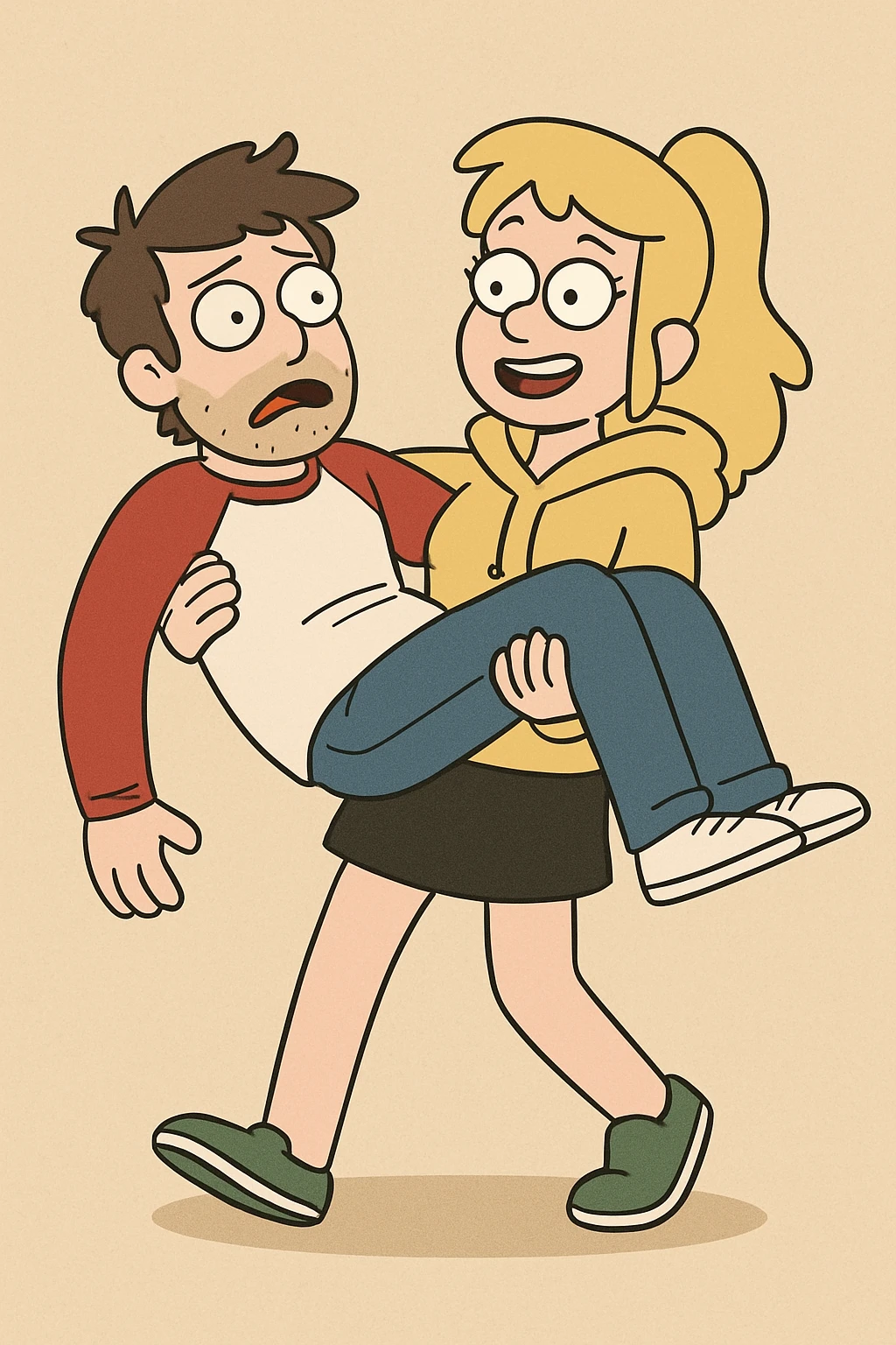 A man Raglan sleeves with Red t-shirts blue jeans white shoes carried by a cute a girl yellow hoodie black skirt green shoe  emoji