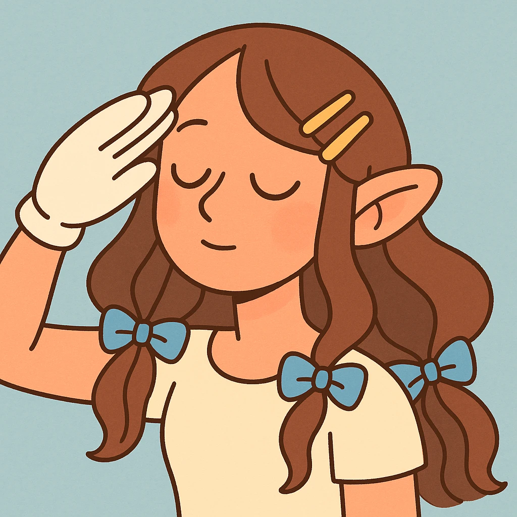 close-up digital illustration of a character with long wavy brown hair, golden hair clips, blue ribbons, soft pastel tones, light blue subtle textured background, eyes closed, head tilted, serene contemplative look, white glove on right hand saluting, pointy ears, slight blush, ethereal glow on face, exuding gentleness and vulnerability emoji