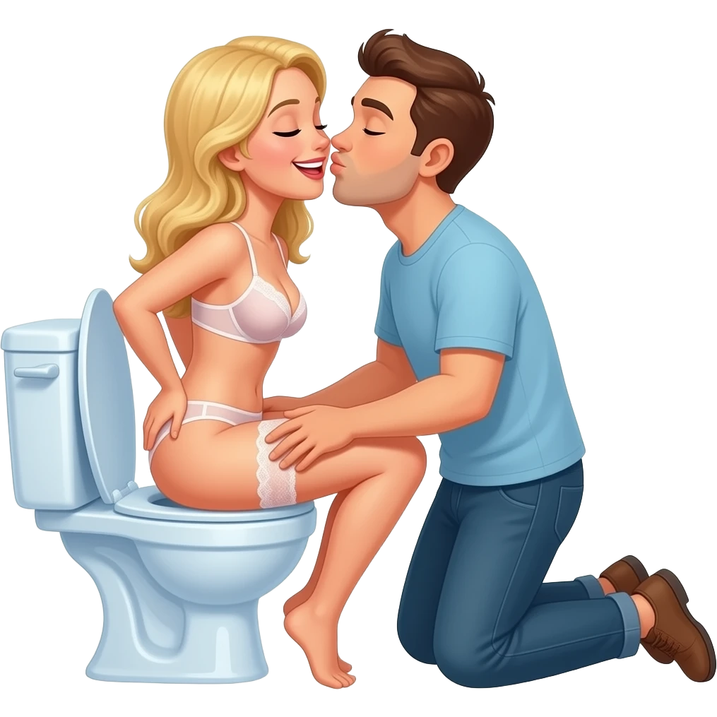 White blonde woman in lingerie sits backwards on open toilet holding her butt open while man knees behind her kissing her butt. Eyes closed smiling emoji