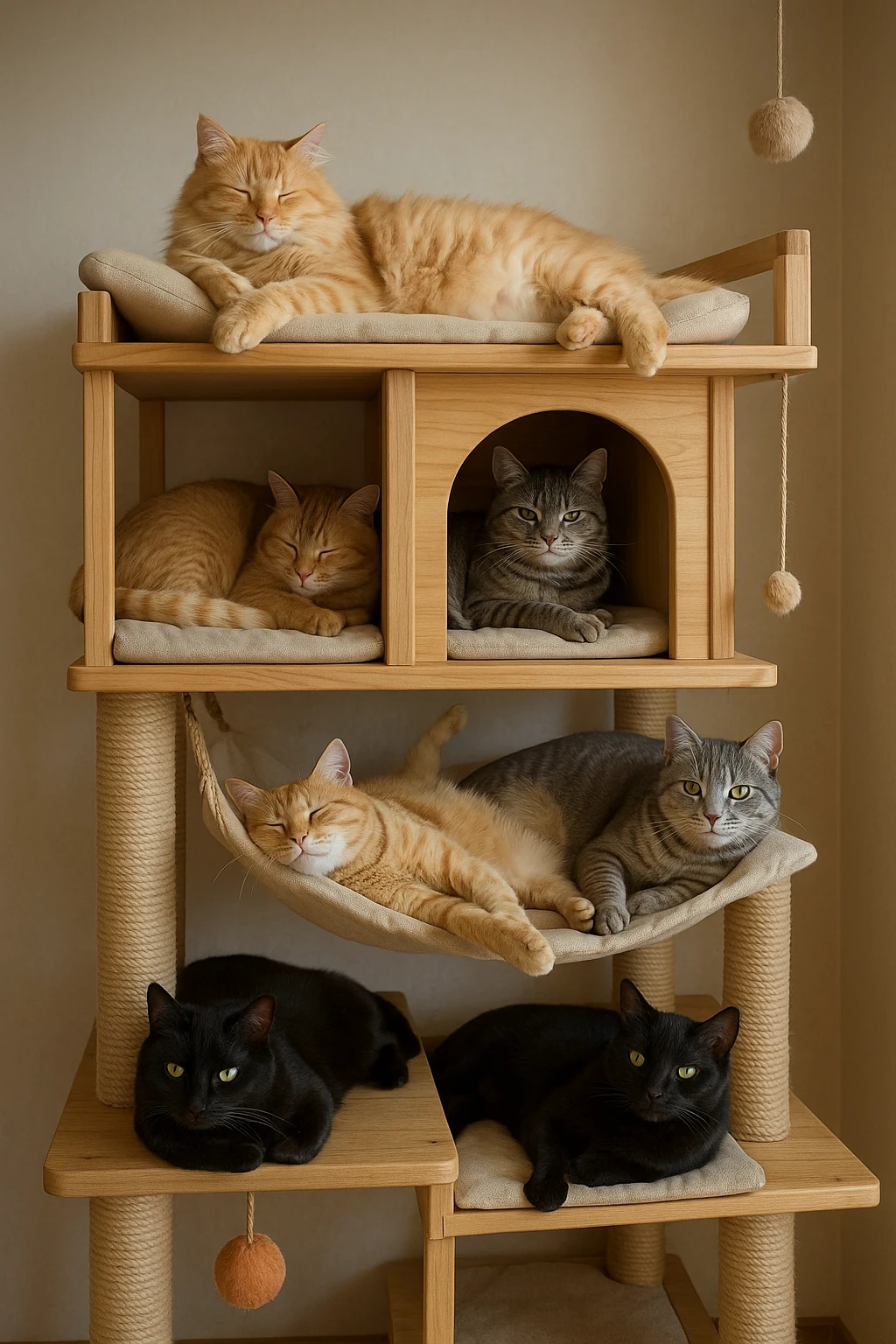 cats relaxing in a vertical playhouse emoji