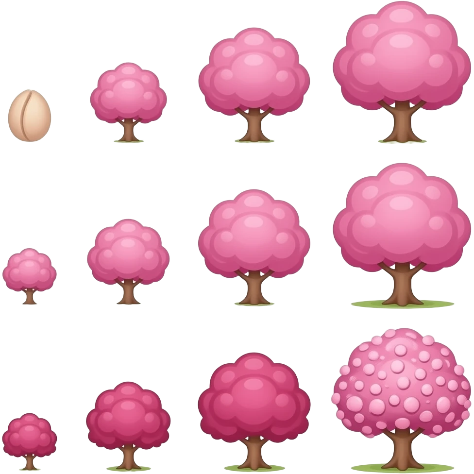 create a pink cherry tree emojis from 0 to 100, there 0 is the seed and the 100 is the full tree. with more than tre levels and near to the real one emoji
