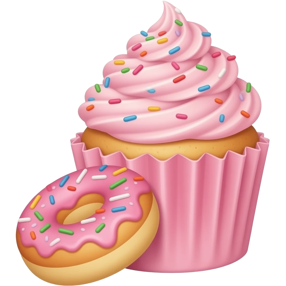 Vanilla cupcake pink frosting and Sprinkles cupcake pink paper and donut in the foreground emoji