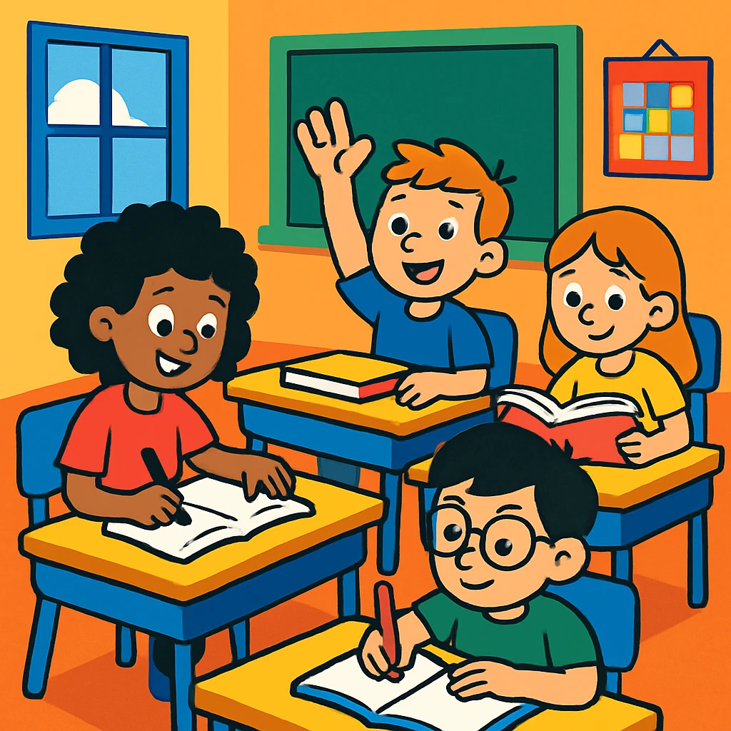 students in classroom, vibrant toon style emoji