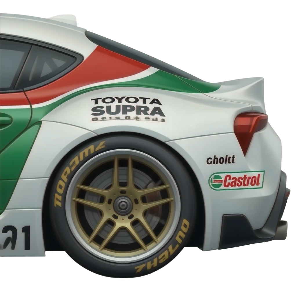 Toyota supra race car, toms supra, castrol, White, red, green, replica of original race livery ,side rear view chase angle emoji