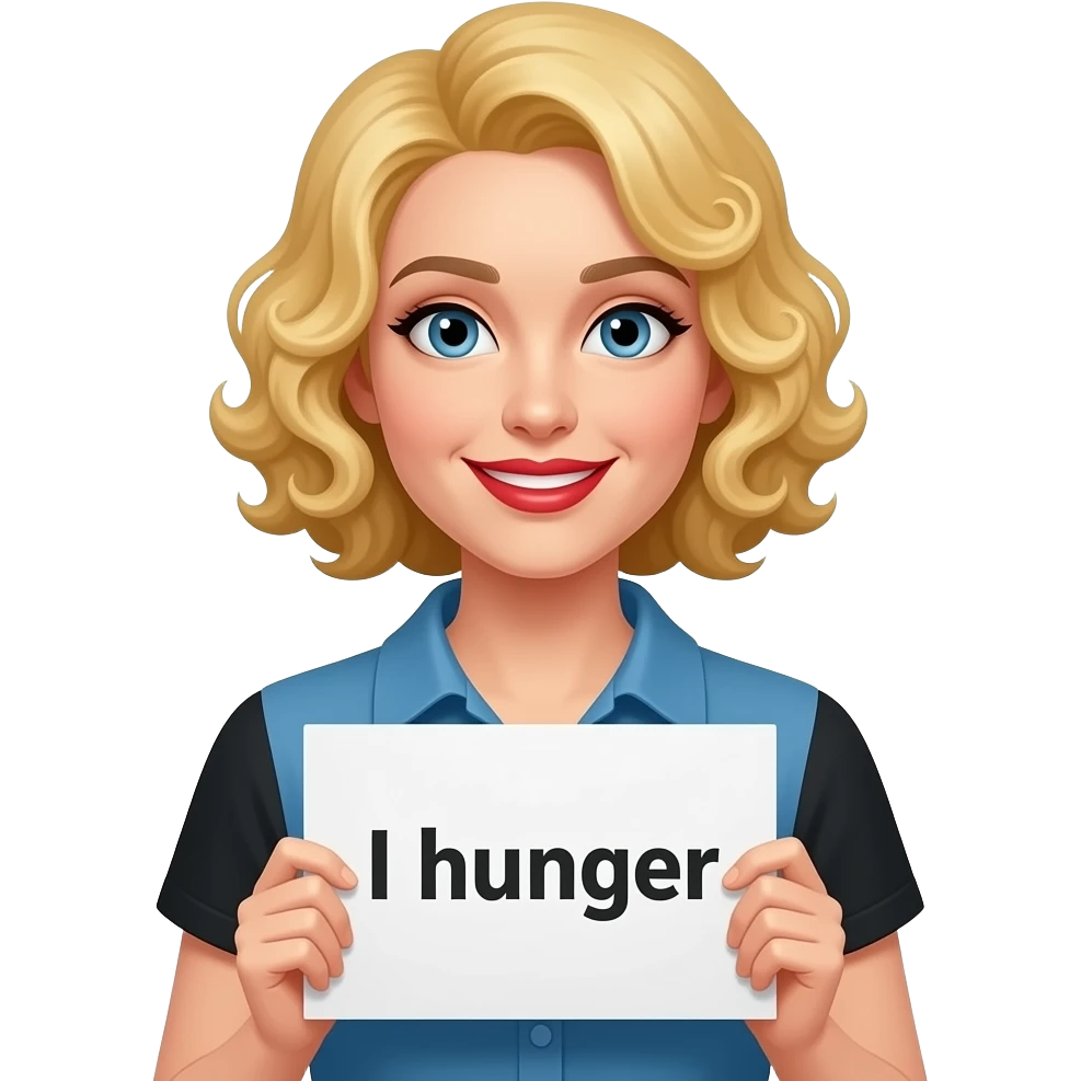 short blonde with spiral curly hair side swept bob with shy smile, red lipstick with a sign saying I hunger, my tummy is rumbling in a blue and black short sleeve blouse emoji