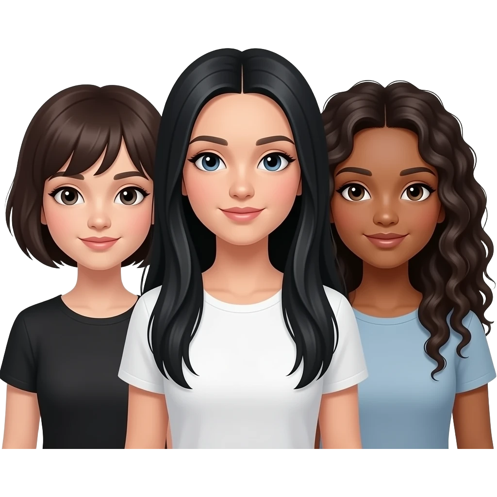 3 sisters one short dark hair one super long black hair one long curly hair curly hair white dark curly hair white skin tone emoji