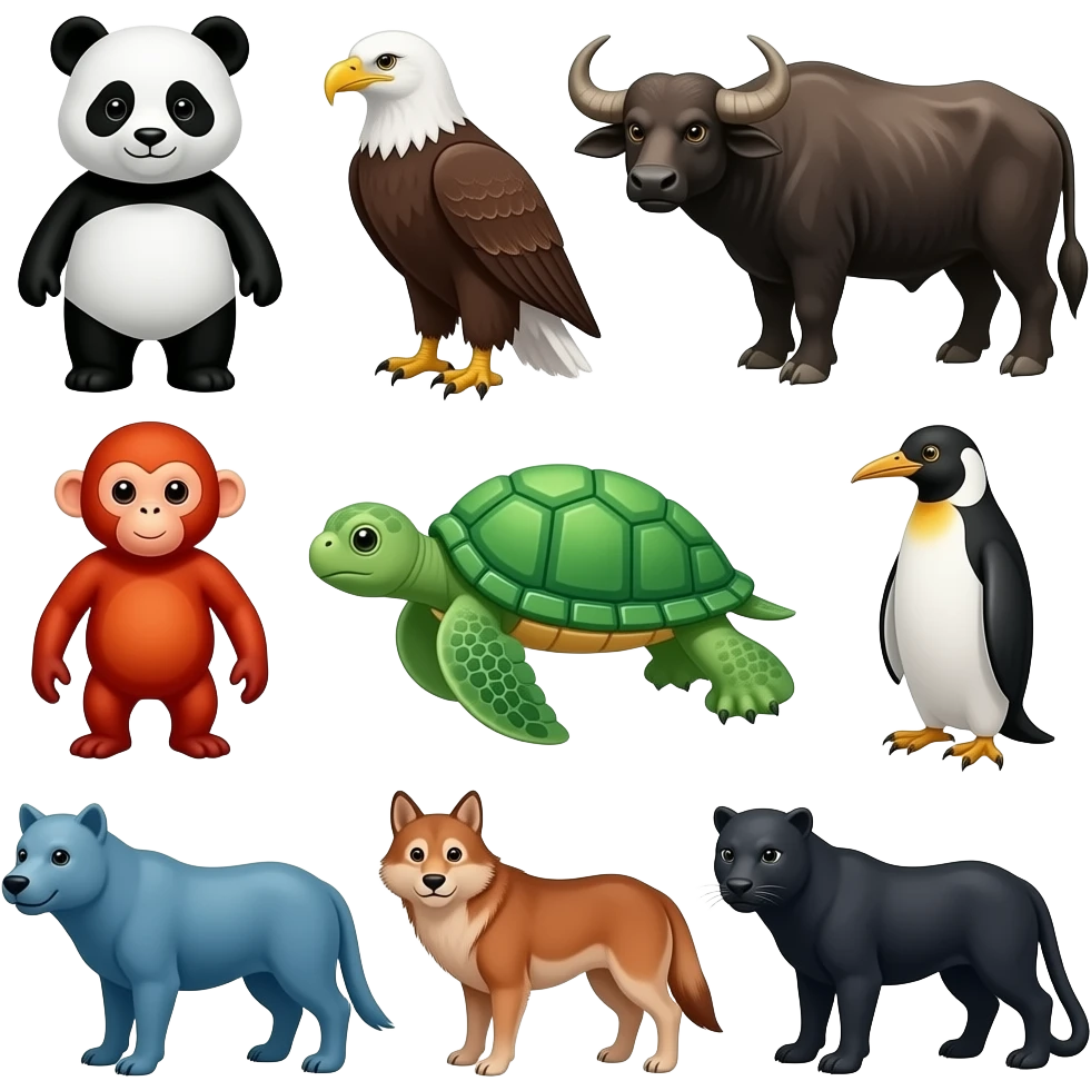 Black and white panda bear, brown and white bald eagle, black water buffalo, red orange spider monkey, green sea turtle, black and white macaroni penguin, blue sea lion, red wolf, white whooping crane, and black panther emoji
