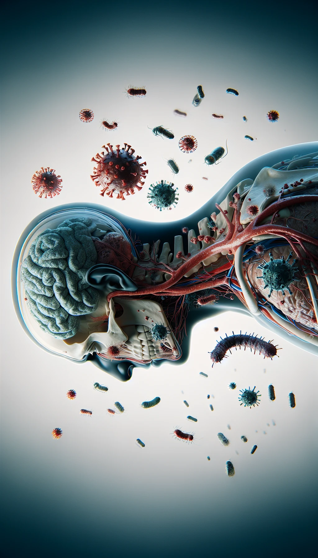 corpo umano anatomico di profilo con virus e parassiti che cercano di attaccarlo , isolato su sfondo bianco, iperrealistico 4k emoji