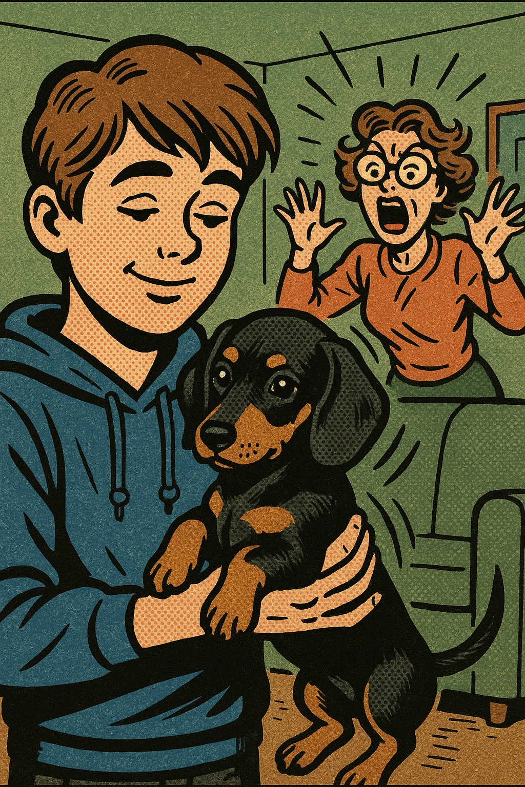 A modern day teenager with brown hair wearing a blue hoodie with a black and tan puppy dachshund in a green living room with a crazy mum with brown hair wearing big glasses in the background emoji